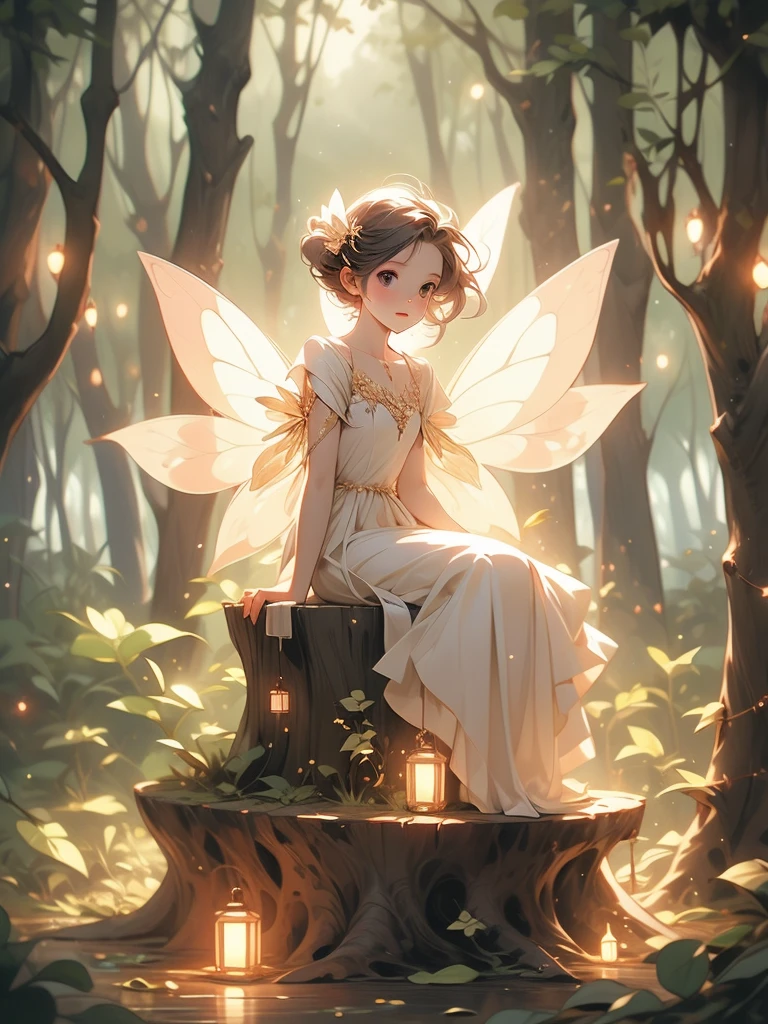 a fairy fairy sitting on a stump in the forest with glowing lights, fairy cgsociety, magic fairy forest, fantasy gorgeous lighting, faerie, fairy, faeries, beautiful fairy, fairy atmosphere, very magical and dreamy, fairy wings, glowing with magic, fairies, beautiful fairie, fairy dust in the air, great pinterest photo, fairy forest, fairy aesthetics