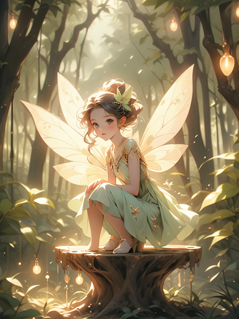a fairy fairy sitting on a stump in the forest with glowing lights, fairy cgsociety, magic fairy forest, fantasy gorgeous lighting, faerie, fairy, faeries, beautiful fairy, fairy atmosphere, very magical and dreamy, fairy wings, glowing with magic, fairies, beautiful fairie, fairy dust in the air, great pinterest photo, fairy forest, fairy aesthetics