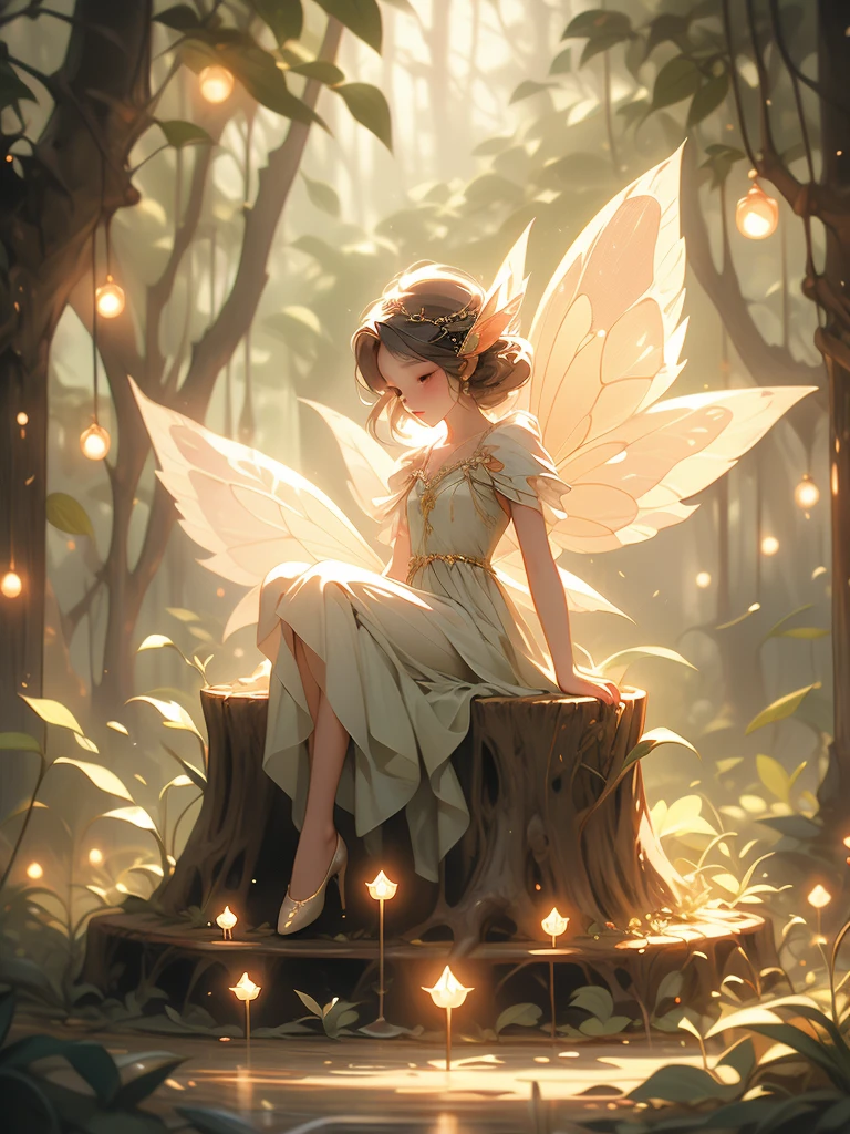 a fairy fairy sitting on a stump in the forest with glowing lights, fairy cgsociety, magic fairy forest, fantasy gorgeous lighting, faerie, fairy, faeries, beautiful fairy, fairy atmosphere, very magical and dreamy, fairy wings, glowing with magic, fairies, beautiful fairie, fairy dust in the air, great pinterest photo, fairy forest, fairy aesthetics