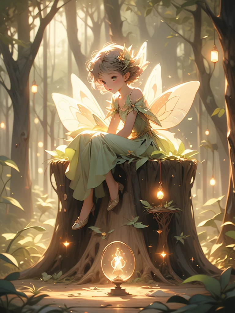 a fairy fairy sitting on a stump in the forest with glowing lights, fairy cgsociety, magic fairy forest, fantasy gorgeous lighting, faerie, fairy, faeries, beautiful fairy, fairy atmosphere, very magical and dreamy, fairy wings, glowing with magic, fairies, beautiful fairie, fairy dust in the air, great pinterest photo, fairy forest, fairy aesthetics