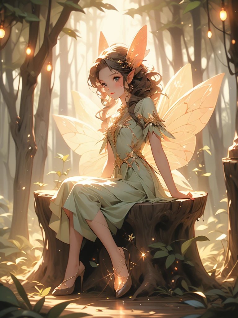a fairy fairy sitting on a stump in the forest with glowing lights, digital art by Adam Marczyński, flickr, fantasy art, fairy cgsociety, magic fairy forest, fantasy gorgeous lighting, faerie, fairy, faeries, beautiful fairy, fairy atmosphere, very magical and dreamy, fairy wings, fairies, glowing with magic, beautiful fairie