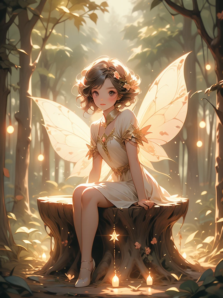 a fairy fairy sitting on a stump in the forest with glowing lights, fairy cgsociety, magic fairy forest, fantasy gorgeous lighting, faerie, fairy, faeries, beautiful fairy, fairy atmosphere, very magical and dreamy, fairy wings, glowing with magic, fairies, beautiful fairie, fairy dust in the air, great pinterest photo, fairy forest, fairy aesthetics