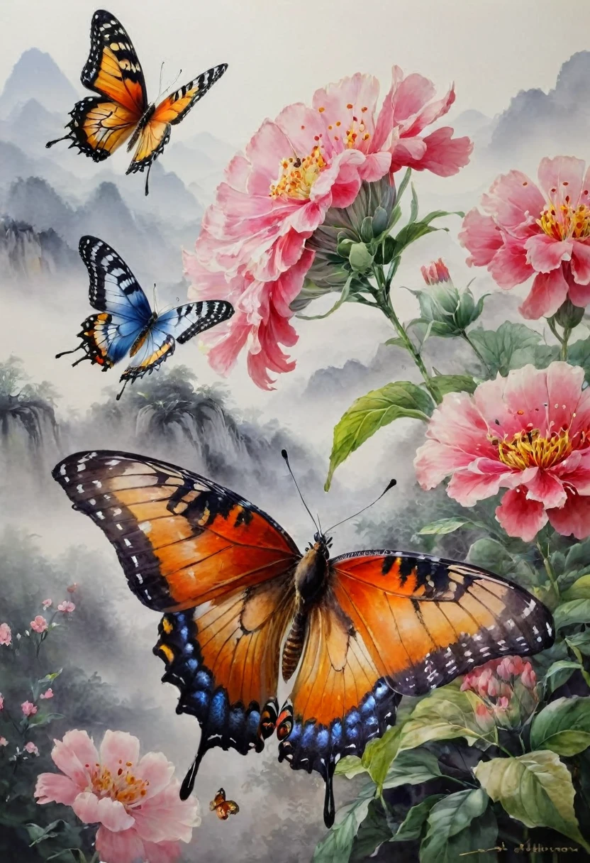 watercolor painting, flowers, butterfly, (by Song Huizong Zhao Ji), (best quality, masterpiece, 8k)