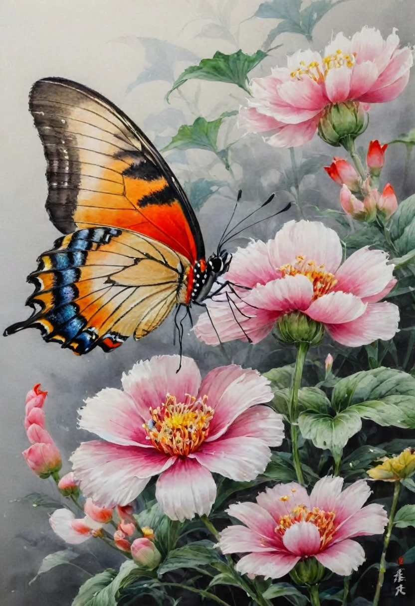 watercolor painting, flowers, butterfly, (by Song Huizong Zhao Ji), (best quality, masterpiece, 8k)