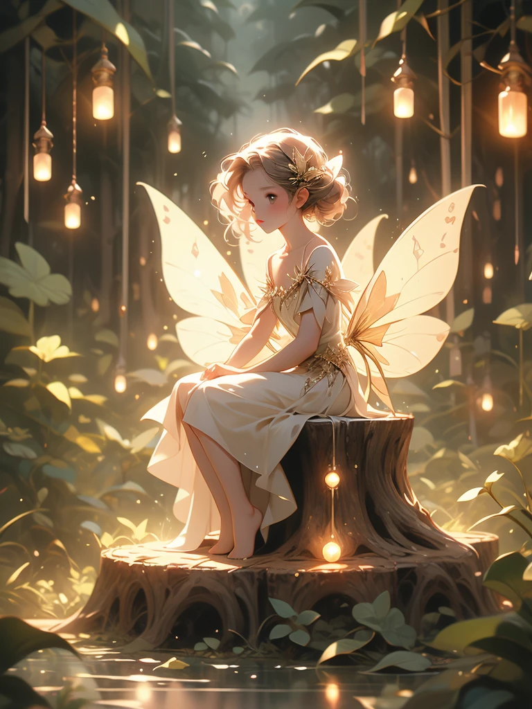 a fairy fairy sitting on a stump in the forest with glowing lights, fairy cgsociety, magic fairy forest, fantasy gorgeous lighting, faerie, fairy, faeries, beautiful fairy, fairy atmosphere, very magical and dreamy, fairy wings, glowing with magic, fairies, beautiful fairie, fairy dust in the air, great pinterest photo, fairy forest, fairy aesthetics