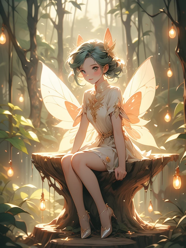 a fairy fairy sitting on a stump in the forest with glowing lights, fairy cgsociety, magic fairy forest, fantasy gorgeous lighting, faerie, fairy, faeries, beautiful fairy, fairy atmosphere, very magical and dreamy, fairy wings, glowing with magic, fairies, beautiful fairie, fairy dust in the air, great pinterest photo, fairy forest, fairy aesthetics
