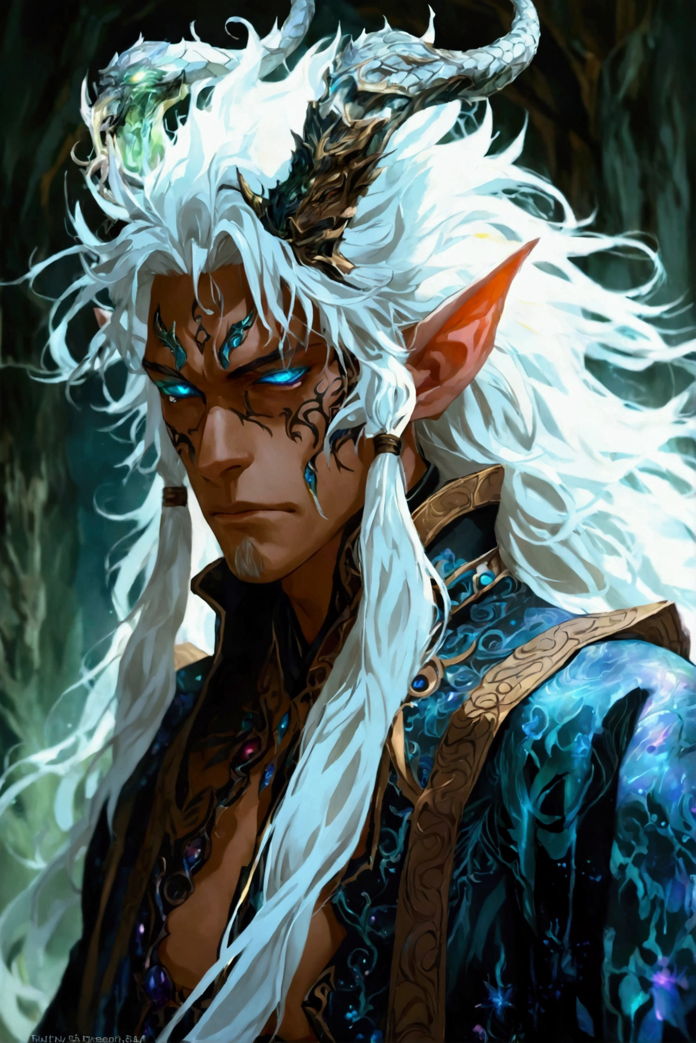 Solo, male , Character fusion: Nibelung fused with nidhoggr, odin and sun wukong, tall tanned man with wild unruly white hair, bangs on face, bangs, ((iridescent irises)), black sclera on eyes, long voluminous hair, spiky hair, pointy ears, fit , clawed fingers, dragon tail, open haori, turtleneck tanktop, dark crystal antlers, exhausted expression, khaenr'ah abyss, draconic person, s9vereign of the abyss, calamity incarnate, full body