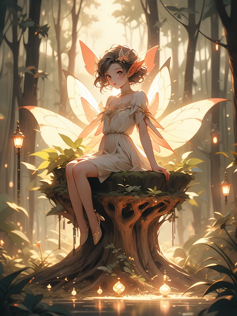 a fairy fairy sitting on a stump in the forest with glowing lights, digital art by Adam Marczyński, flickr, fantasy art, fairy cgsociety, magic fairy forest, fantasy gorgeous lighting, faerie, fairy, faeries, beautiful fairy, fairy atmosphere, very magical and dreamy, fairy wings, fairies, glowing with magic, beautiful fairie