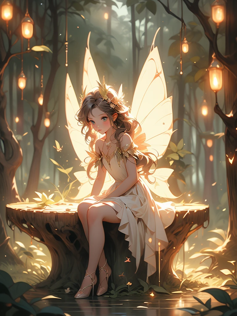 a fairy fairy sitting on a stump in the forest with glowing lights, fairy cgsociety, magic fairy forest, fantasy gorgeous lighting, faerie, fairy, faeries, beautiful fairy, fairy atmosphere, very magical and dreamy, fairy wings, glowing with magic, fairies, beautiful fairie, fairy dust in the air, great pinterest photo, fairy forest, fairy aesthetics
