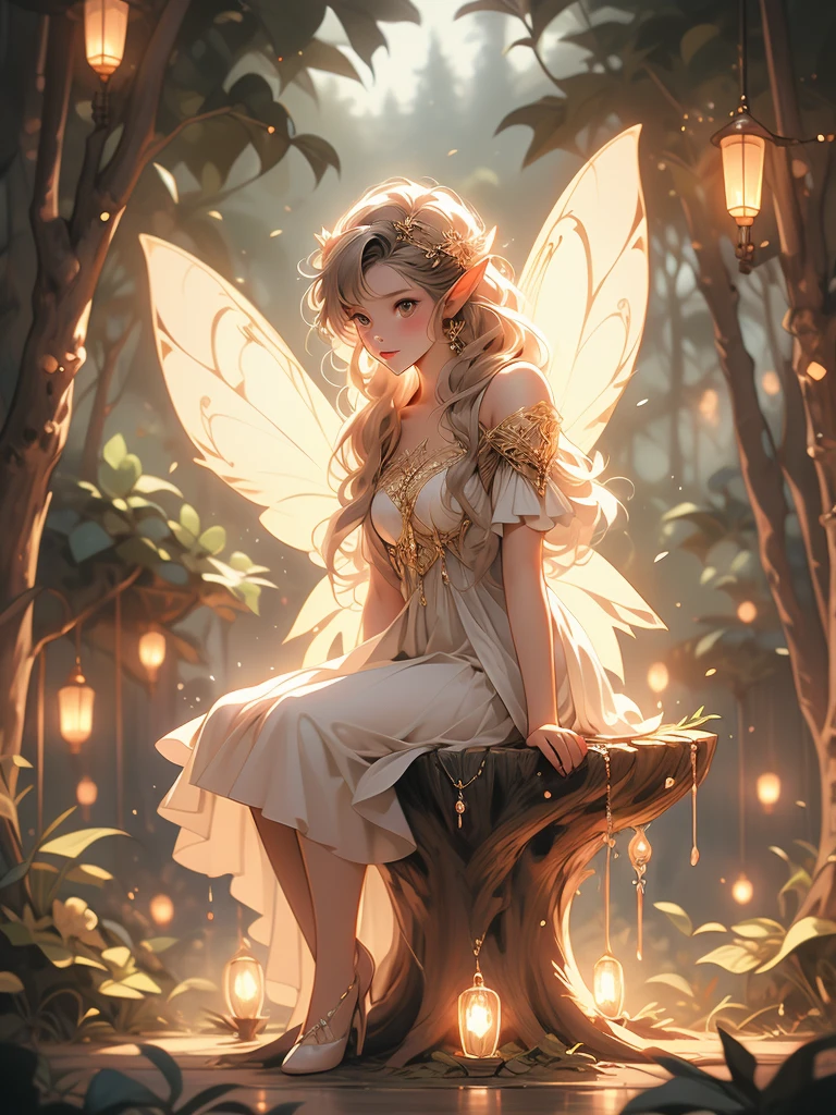 a fairy fairy sitting on a stump in the forest with glowing lights, fairy cgsociety, magic fairy forest, fantasy gorgeous lighting, faerie, fairy, faeries, beautiful fairy, fairy atmosphere, very magical and dreamy, fairy wings, glowing with magic, fairies, beautiful fairie, fairy dust in the air, great pinterest photo, fairy forest, fairy aesthetics