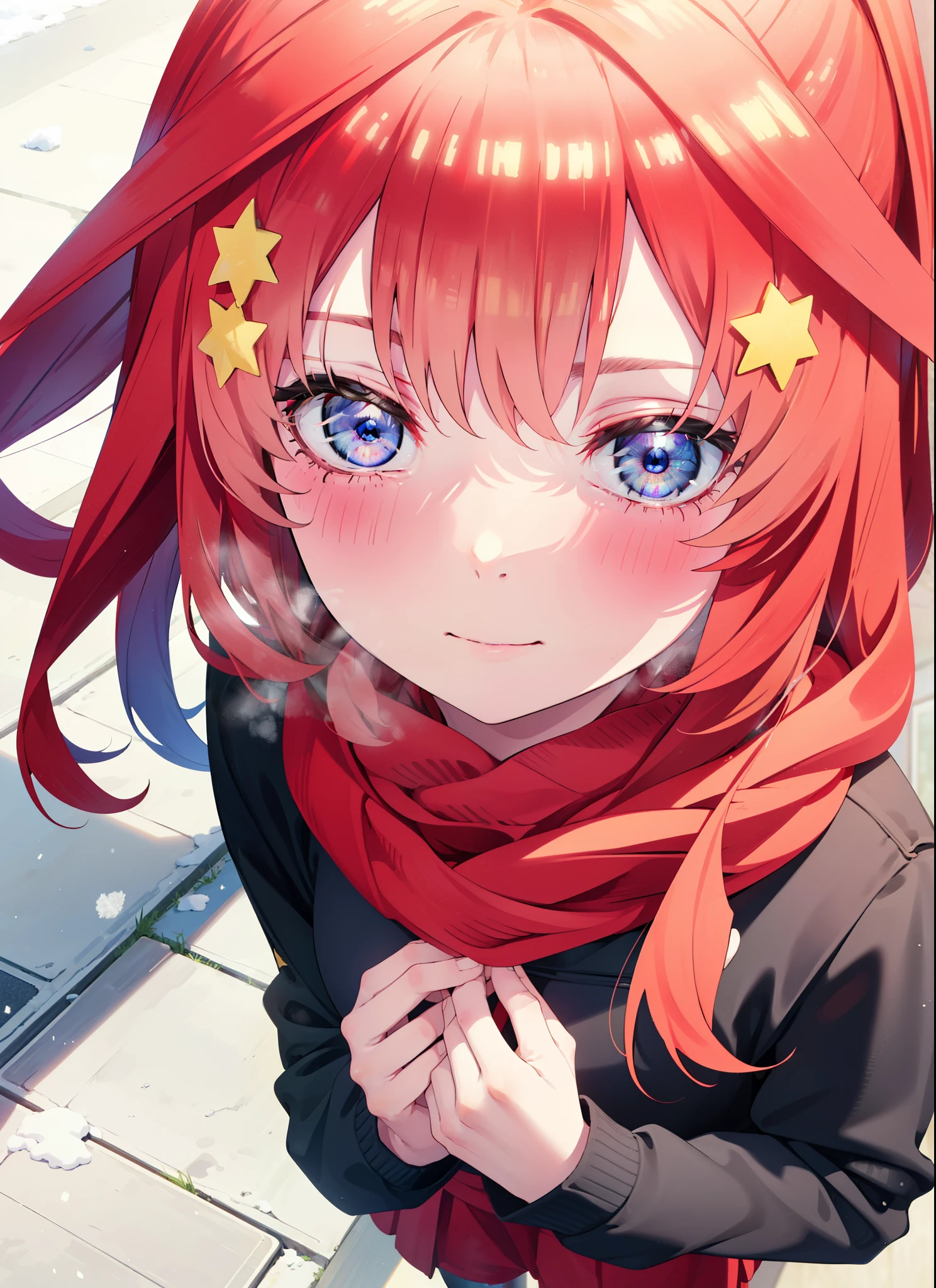 itsukinakano, itsuki nakano, bangs, blue eyes, Hair between the eyes, Ahoge, Redhead, star \(symbol\), hair ornaments, star hair ornaments,smile,Yellow scarf,red coat,White Tokkuri Sweater,Black long skirt,Black pantyhose,short boots,blush,White Breath,Close your mouth,It's snowing,It's snowing,Shirogane World,Walking,whole bodyがイラストに入るように,
break outdoors, Snow Country,Residential Street,
break looking at viewer, whole body,
break (masterpiece:1.2), Highest quality, High resolution, unity 8k wallpaper, (figure:0.8), (Beautiful attention to detail:1.6), Highly detailed face, Perfect lighting, Highly detailed CG, (Perfect hands, Perfect Anatomy),