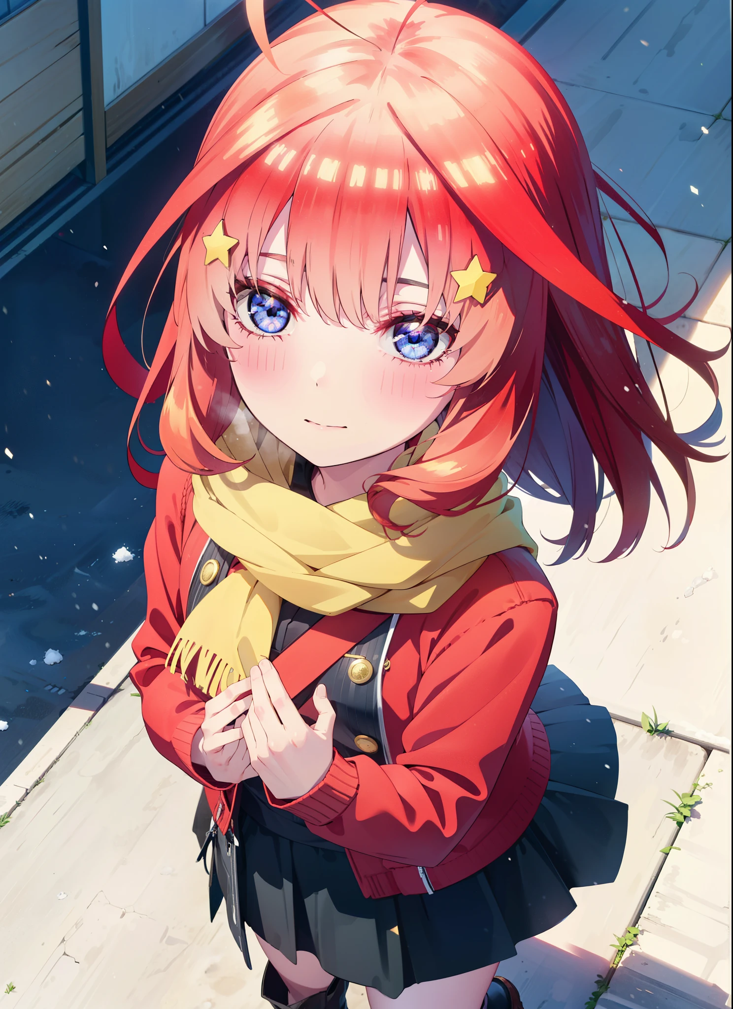 itsukinakano, itsuki nakano, bangs, blue eyes, Hair between the eyes, Ahoge, Redhead, star \(symbol\), hair ornaments, star hair ornaments,smile,Yellow scarf,red coat,White Tokkuri Sweater,Black long skirt,Black pantyhose,short boots,blush,White Breath,Close your mouth,It&#39;s snowing,It&#39;s snowing,Shirogane World,Walking,whole bodyがイラストに入るように,
break outdoors, Snow Country,Residential Street,
break looking at viewer, whole body,
break (masterpiece:1.2), Highest quality, High resolution, unity 8k wallpaper, (figure:0.8), (Beautiful attention to detail:1.6), Highly detailed face, Perfect lighting, Highly detailed CG, (Perfect hands, Perfect Anatomy),