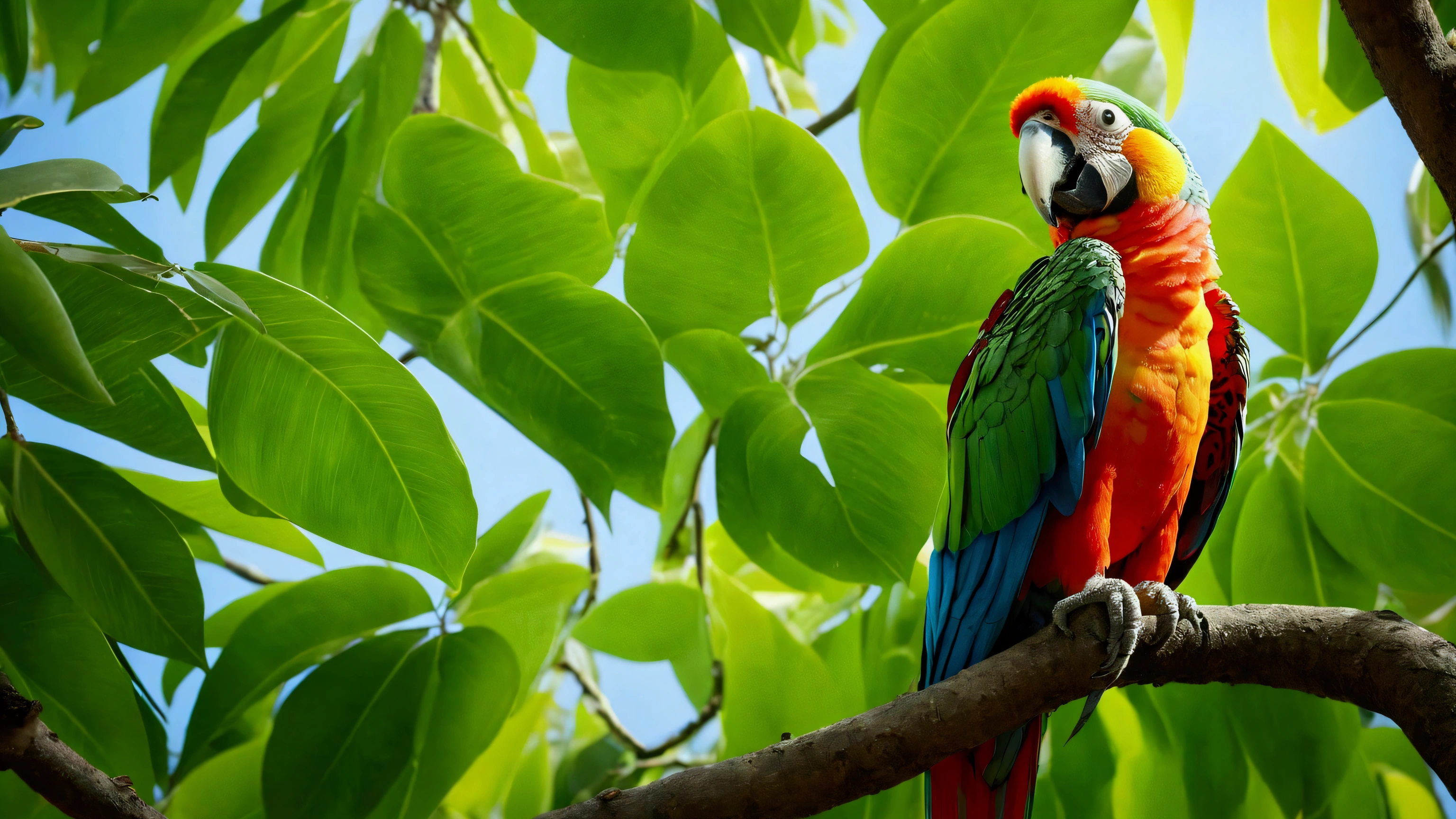 a stunning parrot in its habitat, vibrant colors, trees that reach the sky