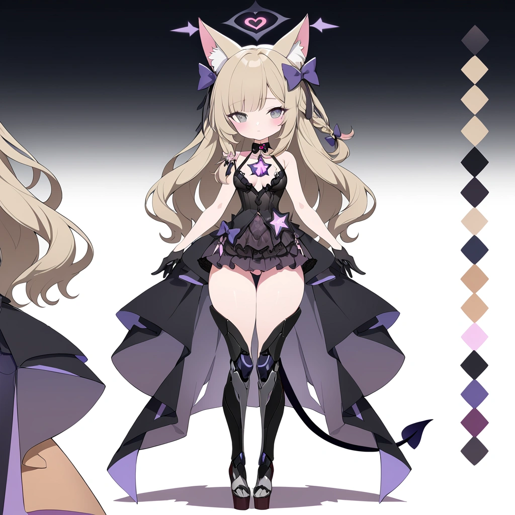 woman 170 cm tall. medium chest, wide hip, slim build, ((whole body)). (((character design sheet: front view))). (dark blonde hair, (hip-length wavy hair with asymmetrical bangs), She has a short braid tied with an elegant purple bow on the left side of her hair above her chest. She has a short braid tied with an elegant purple bow on the right side of her hair above her chest. She has small ribbons in the back of her hair..). ((Gray eyes with a pink 4-pointed star in the pupil.)). Two black and purple serval ears located on the top of the head. (Luminous black halo with purple star patterns above his head). He has a black collar with a heart emblem on his neck.. (Elegant one-piece long dress with lace and ruffle skirt, ribbon decorations and star patterns on the dress). black gloves, beautiful black platform heels. gray belt at the waist with a large ribbon with a luminous pink heart in the middle. (It has a beautiful succubus tail with a small purple star on the tip.). ((It has complex mechanical legs that reach up to the thighs and are black with small purple details..)). beautiful detailed hair, beautiful detailed dress. extremely detailed arms. extremely detailed face, small face, Beautiful detailed eyes, beautiful detailed lips. adorable. extremely detailed legs. (Best Quality, 4k, high resolution), ultra detailed, Exquisite and epic character art., ((White background)).