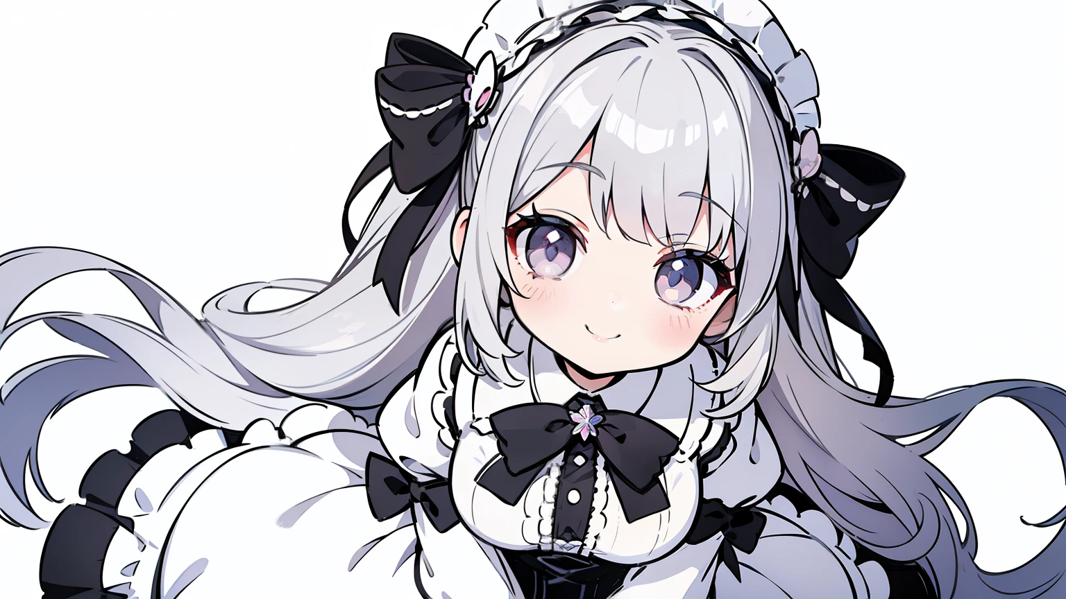masterpiece, beautiful detailed, 1girl, (lolita fashion), Silver Eyes, Silver hair, Hair Ribbon, medium breasts, hair ornament, hair intakes, ((smile)), ((from above)), pastel color, (((bold outline))), limited palette