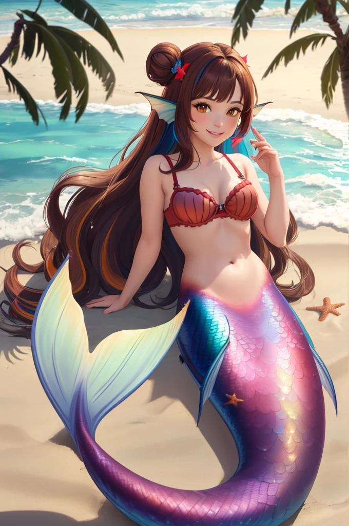masterpiece, best quality:1.2), 1girl, smile, looking at viewer, brown hair in one bun with hair sticks, golden eyes, multicolored hair, mermaid, multicolored mermaid tail, laying on beach, fin ears, head fins, seashell bra, by orchid flowers