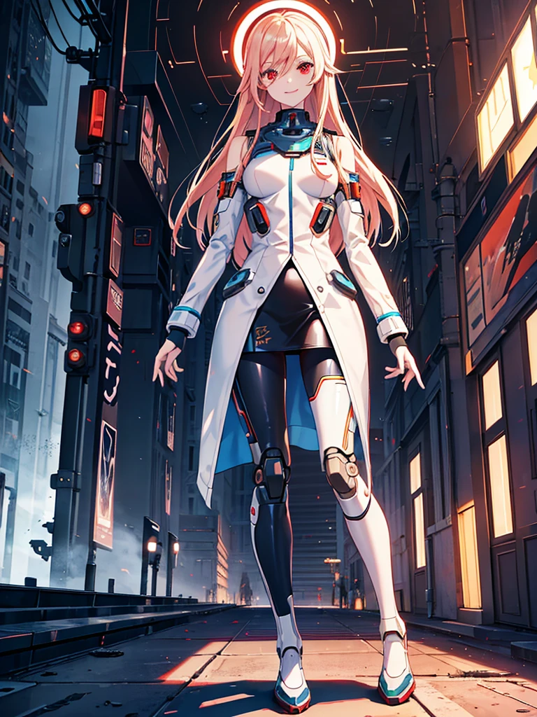 1 robot girl, android, robot style fingers, robot style legs, humanized android, looks perfectly like human being, beautiful girl, wearing scientist clothes, white coat, rose gold hair, shoulder length hair, straight hair, fiery red eyes, smiling mysteriously, looking at the viewer, apocalyptic science fiction sensation, posing scientist pose, with apocalypse background, falling buildings, sci-fi sensation, robotic background, scientific background