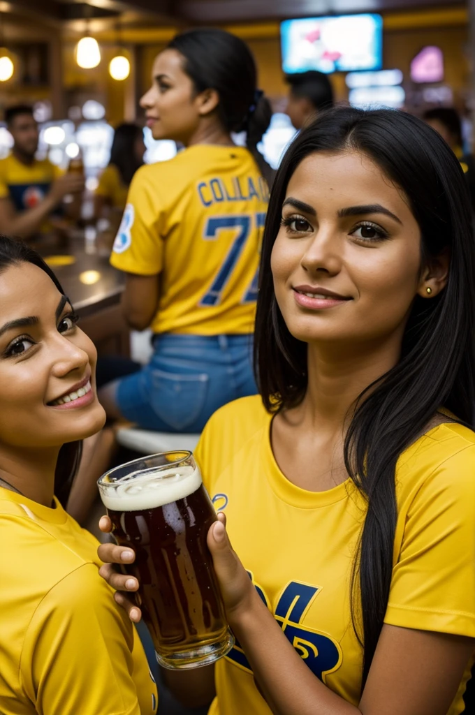 Woman from behind watching game with friends drinking beer, Colombia yellow t-shirt color with number 07 and name Edna