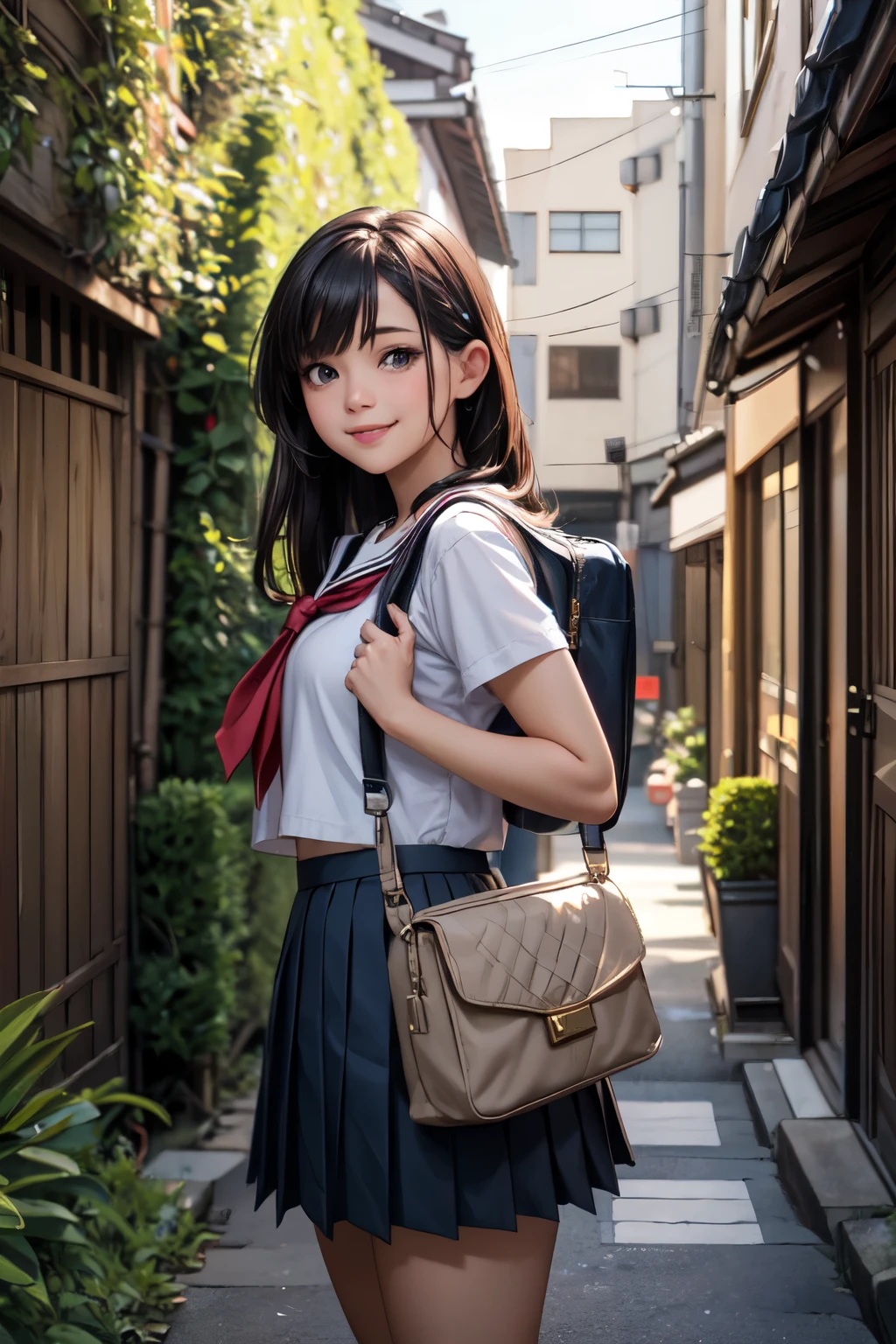 very cute and beautiful girl,(highly detailed beautiful face),(smile:1.2),looking at viewer,
black hair,serafuku,(pleated navyblue mini skirt),standing,holding school bag,
narrow alley in tokyo,stone wall in front of modern building,trees,shrubbery,
(best quality,masterpiece),absurdres,highres,ultra-detailed,extremely detailed,32k,8k resolution,
intricate details,cinematic scene,detailed background,solo,dynamic angle,