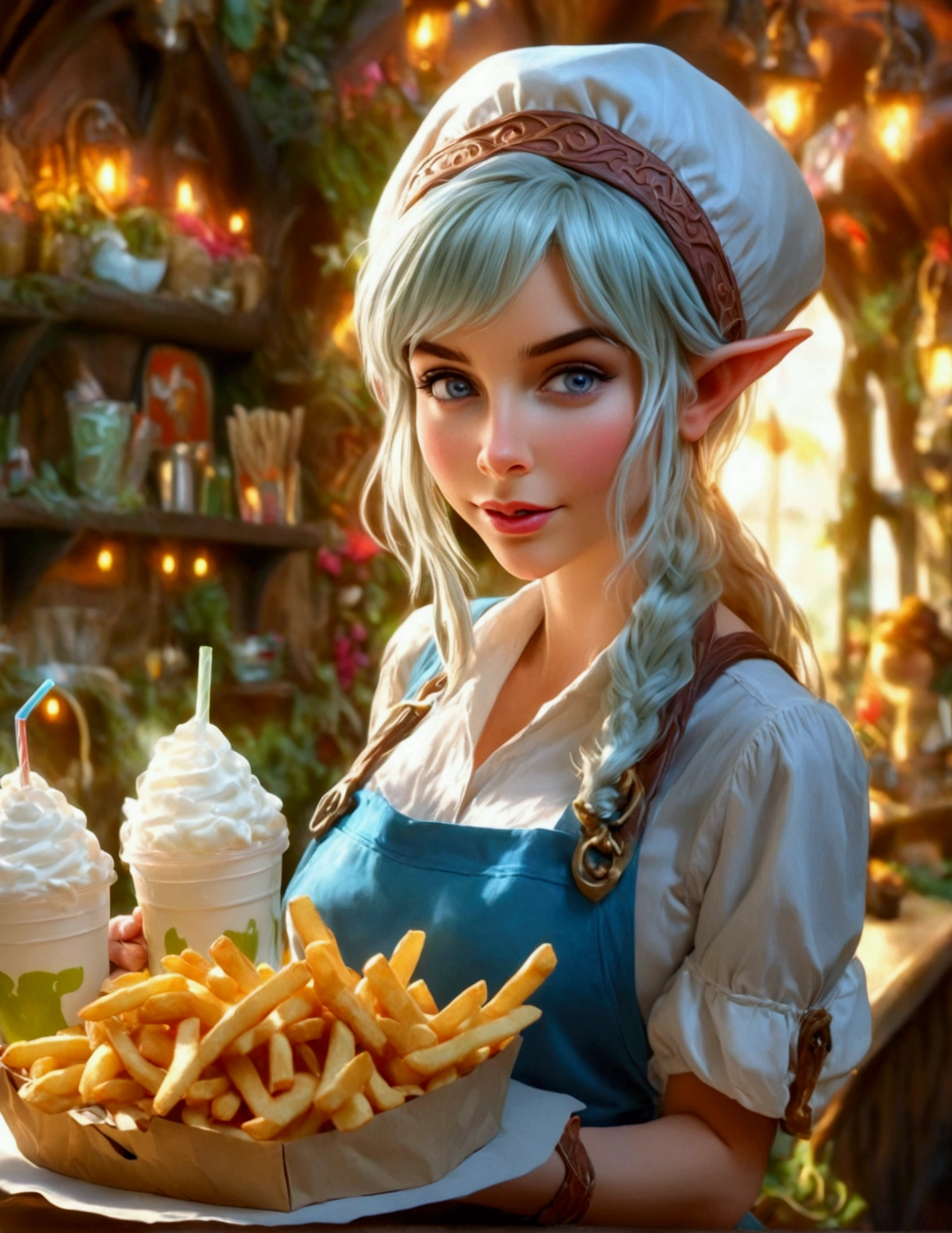 A beautiful elven princess working as a fast food server at Merlin's, wearing an apron and cap, serving magic milkshakes and baskets of fries, high fantasy, extremely detailed, intricate details, photorealistic, 8k, dramatic lighting, vivid colors, cinematic composition, fantasy elements, fantasy food, fantasy restaurant interior