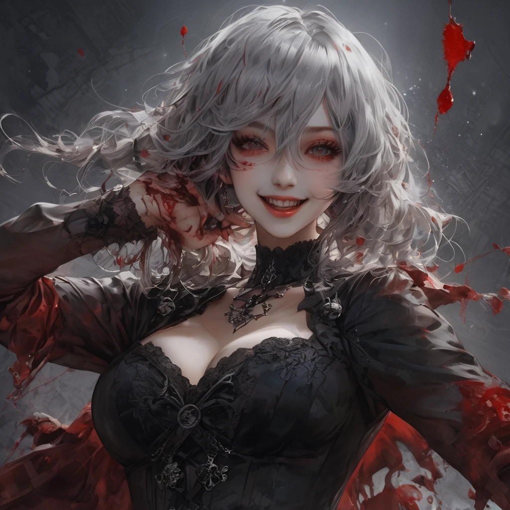 ,Multiple girls,Frolicking Girl,Multiple women,Tea party,Crazy Smile,Scythe Face,Girl Monster, slave,beautiful, Detailed portrait, Delicate facial features, Sharp Eye, Sharp Fangs, Pale skin, Thick Chain, Dark Background, Cinema Lighting, Dramatic Shadows, Gothic style, Gloomy atmosphere, Dark fantasy, One girl, , Open your mouth wide, Open your mouth and baring your teeth,Sharp teeth like a beast, Wide lips, very wide mouth, Vermilion cheeks, ,(Blood splatter:1.6),Scary face, Laughter　Witch design, Twisted smile、Bloodstained、bleeding from the head,、Blood splatter、,(Blood splatter:1.6),Crossbones, skull,　, Horror Style, ((Fantasy Witch Costume)), ((Flowing white hair)), ,(Blood splatter:1.6),Female curves, Large Breasts, Thick thighs, Sexy flat stomach, Perfect hands, Perfect anime face, ((dark lolita dress)), Are standing, ((Wicked Smile)), ,(Blood splatter:1.6),Victorian cities, gaslight, Steam circulates, Moonlight Illumination, night lighting, A sky filled with stars and galaxies,disaster々new devil horns,,(Blood splatter:1.6),アニメゾンビWitch design, Twisted smile、Bloodstained、bleeding from the head,、Blood splatter、,(Blood splatter:1.6),Crossbones, skull,