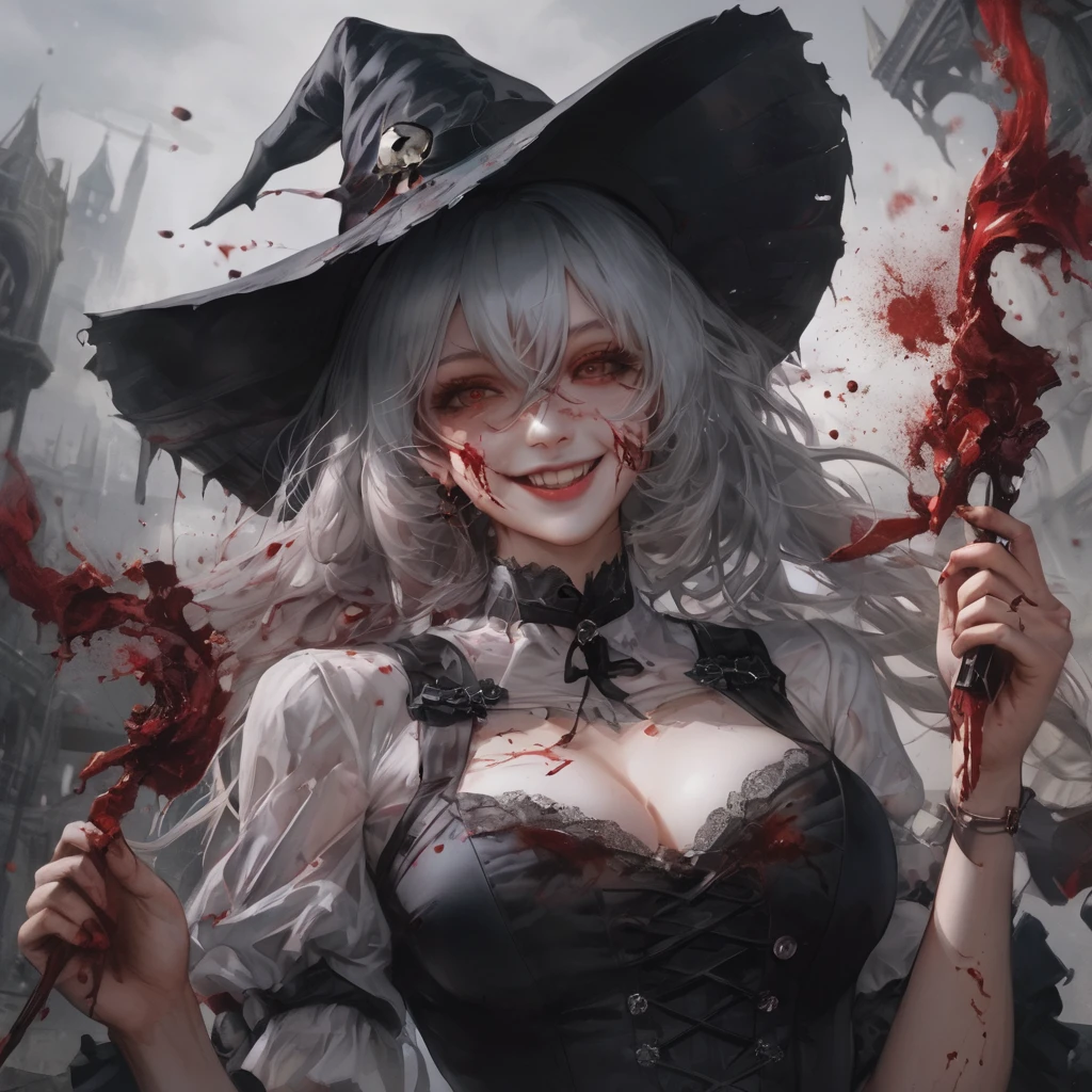 ,Multiple girls,Frolicking Girl,Multiple women,Tea party,Crazy Smile,Scythe Face,Girl Monster, slave,beautiful, Detailed portrait, Delicate facial features, Sharp Eye, Sharp Fangs, Pale skin, Thick Chain, Dark Background, Cinema Lighting, Dramatic Shadows, Gothic style, Gloomy atmosphere, Dark fantasy, One girl, , Open your mouth wide, Open your mouth and baring your teeth,Sharp teeth like a beast, Wide lips, very wide mouth, Vermilion cheeks, ,(Blood splatter:1.6),Scary face, Laughter　Witch design, Twisted smile、Bloodstained、bleeding from the head,、Blood splatter、,(Blood splatter:1.6),Crossbones, skull,　, Horror Style, ((Fantasy Witch Costume)), ((Flowing white hair)), ,(Blood splatter:1.6),Female curves, Large Breasts, Thick thighs, Sexy flat stomach, Perfect hands, Perfect anime face, ((dark lolita dress)), Are standing, ((Wicked Smile)), ,(Blood splatter:1.6),Victorian cities, gaslight, Steam circulates, Moonlight Illumination, night lighting, A sky filled with stars and galaxies,disaster々new devil horns,,(Blood splatter:1.6),アニメゾンビWitch design, Twisted smile、Bloodstained、bleeding from the head,、Blood splatter、,(Blood splatter:1.6),Crossbones, skull,