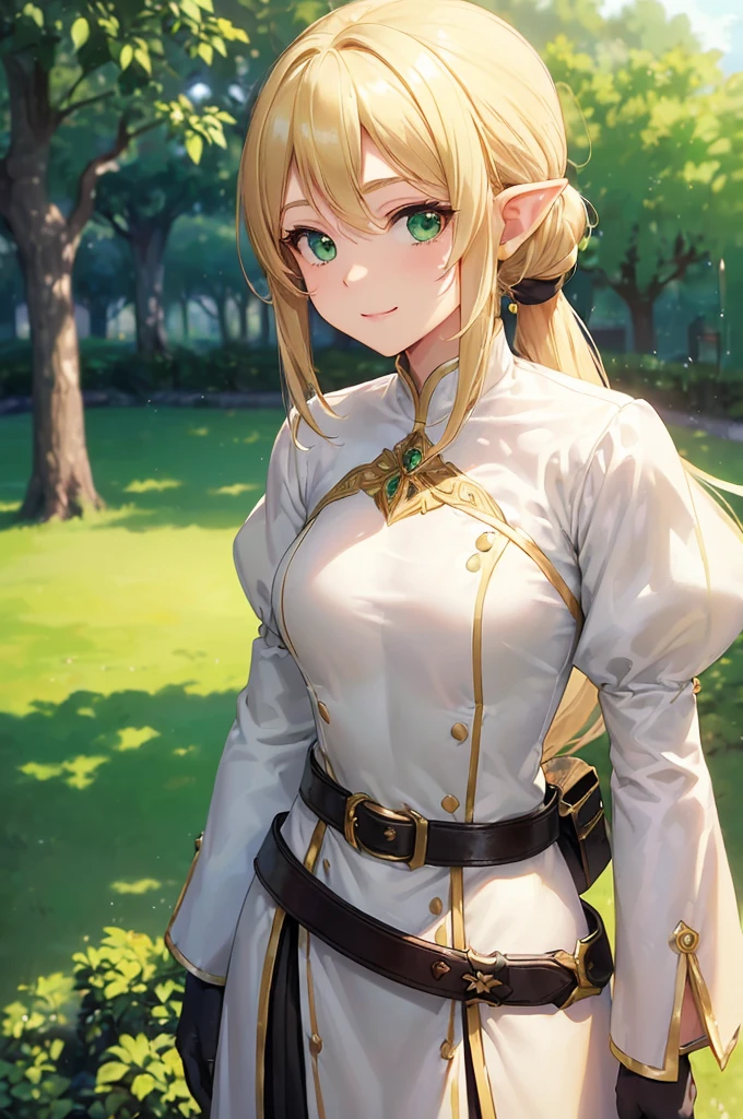 (((masterpiece; best quality: 1.2))), (finely detailed eyes: 1.3), (25 year old elf woman), (solo), (green eyes: 1.4), (body; lithe, fit, femenine: 1.3), (silky blonde hair + low ponytail: 1.3), (beautiful and clear background: 1.2), ((depth of field)), (equipment: adventurer attire + modest + long white tunic-coat + black longskirt + gloves + belt + pouches: 1.3), (anime illustration: 1.2), (background composition; royal garden: 1.1), (extremely fine and beautiful: 1.1), (shot composition; standing + centered on torso + close-up: 1.5), (expression; calm, smile: 1.2)