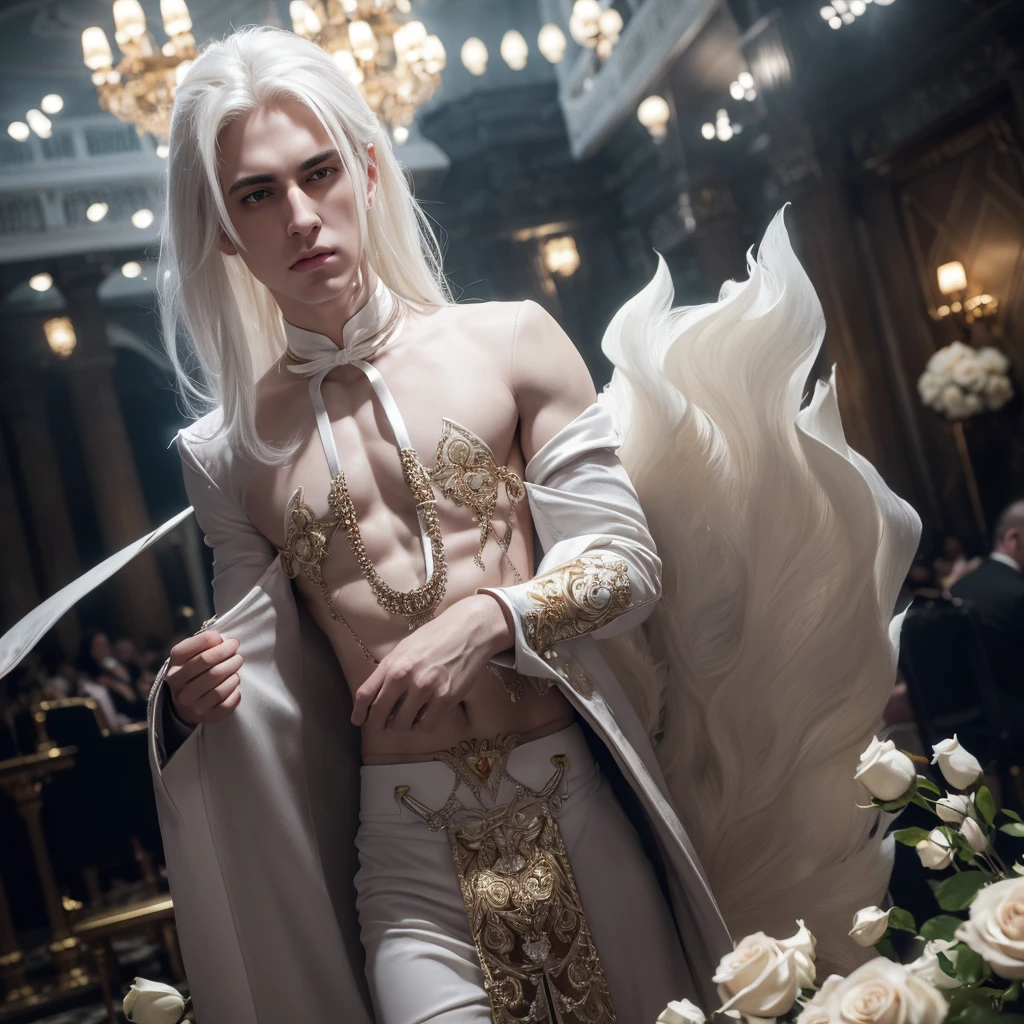 masterpiece, highest quality, (solo focus), (perfect face:1.1), (high detail:1.1),dramatic, 1guy, (pale skin), long white hair, white eyes, [light eyebrows], solo, venetian mask, white luxury suit, covered navel, pouty lips, covered, ballroom, detailed background, art by artgerm and greg rutkowski,  cinematic lighting, roses