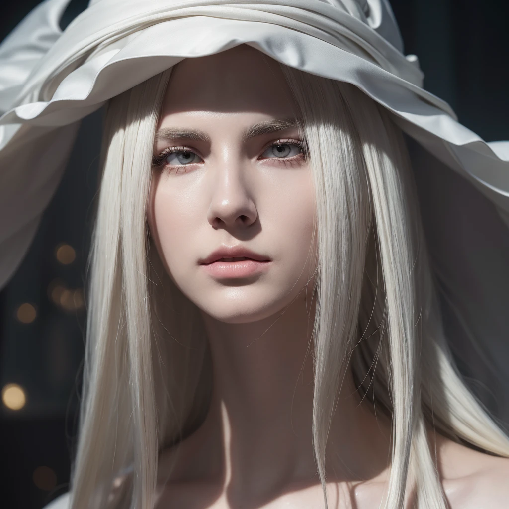masterpiece, highest quality, (solo focus), (perfect face:1.1), (high detail:1.1),dramatic, 1guy, (pale skin), long white hair, white eyes, [light eyebrows], solo, venetian mask, white luxury suit, covered navel, pouty lips, covered, ballroom, detailed background, art by artgerm and greg rutkowski,  cinematic lighting, roses