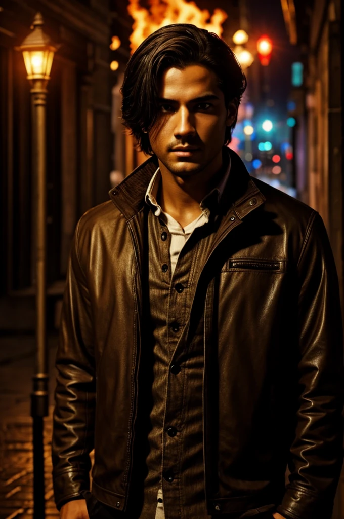 Masterpiece, Best Quality, 1 ghostly chico, city at night, rain, shelter, detailed face, detailed eyes, Crimson eyes, looking at the viewer, hands in pockets and covered in flames , video game style 

