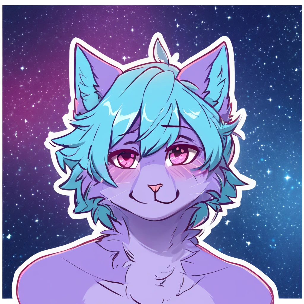 adult, feline, mammal, anthro, anthropomorphic, cat, striped, fur, striped_feline, fur, furred_anthro, femboy, male, purple_blue chest cerclean_hair, fluffy, ears, azure_blue_ears, pink_eyes, cerulean_blue_hair, expressive eyes, feline_ears, azure_purple_fur, light_purple_chest, shy, small_pupils, digital_art, high_resolution, high_res, hand-drawn, pencil_lines, head_visible, background, neck_visible, seductive_face, white_outline, profile_picture, head_visible, tail, blue_galaxy_background, galaxy, smiling, blue_hair,
