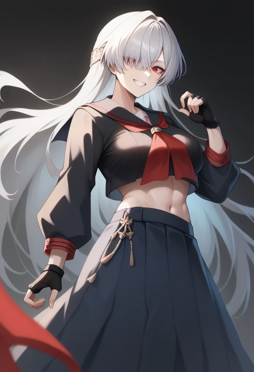 score_9, score_8_up, score_7_up, 1girl, white hair, bangs, hair over one eye, red eyes, smile, grin, long hair, pale skin, serafuku, long skirt, midriff, toned, curvy, large breasts, long sleeves, fingerless gloves, anastasia (fate), acheron_red, unaestheticXL_bp5, aidxlv05_neg