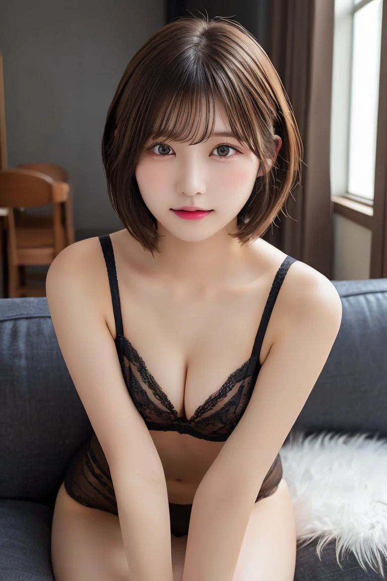 (8K highest quality)、（beautiful）、Precision Eyes、Fine skin、22-year-old female、Stylish、Brown eyes、Soft Breasts、Brown Hair、looking at the camera、Sit on the sofa、lingerie、Small lips、Semi-short hair