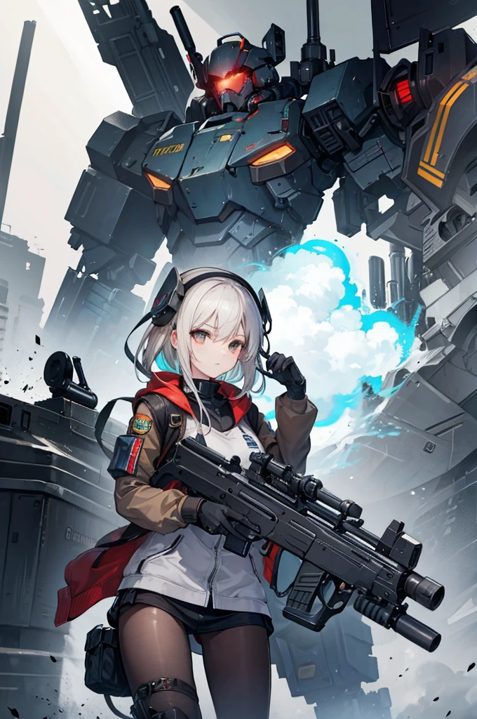 Samantha holds a machine gun and blasts a mech warrior into oblivion.  
