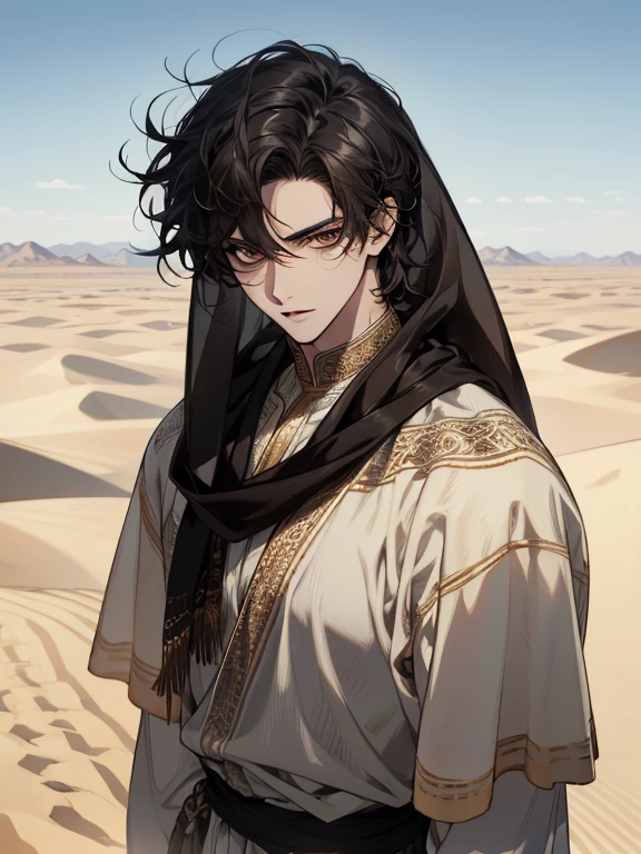 (absurdres, highres, ultra detailed), 1 male, adult, handsome, tall muscular guy, broad shoulders, finely detailed eyes and detailed face, desert, full body, middle eastern clothes, short black hair, brown eyes, focused on scenery, a guy starting journey