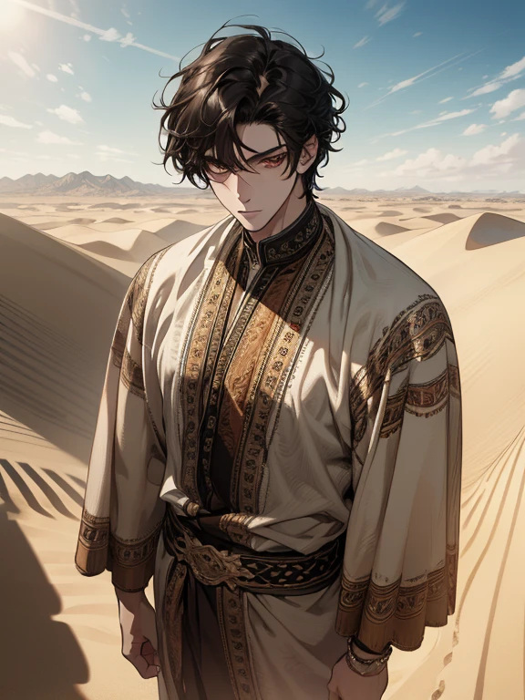 (absurdres, highres, ultra detailed), 1 male, adult, handsome, tall muscular guy, broad shoulders, finely detailed eyes and detailed face, desert, full body, middle eastern clothes, short black hair, brown eyes, focused on scenery, a guy starting journey