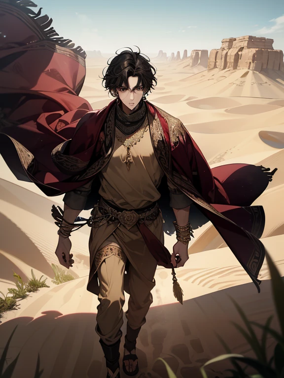 (absurdres, highres, ultra detailed), 1 male, adult, handsome, tall muscular guy, broad shoulders, finely detailed eyes and detailed face, desert, full body, middle eastern clothes, short black hair, brown eyes, focused on scenery, a guy starting journey