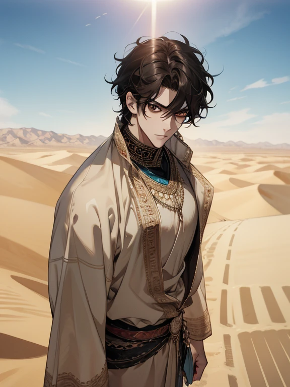 (absurdres, highres, ultra detailed), 1 male, adult, handsome, tall muscular guy, broad shoulders, finely detailed eyes and detailed face, desert, full body, middle eastern clothes, short black hair, brown eyes, focused on scenery, a guy starting journey