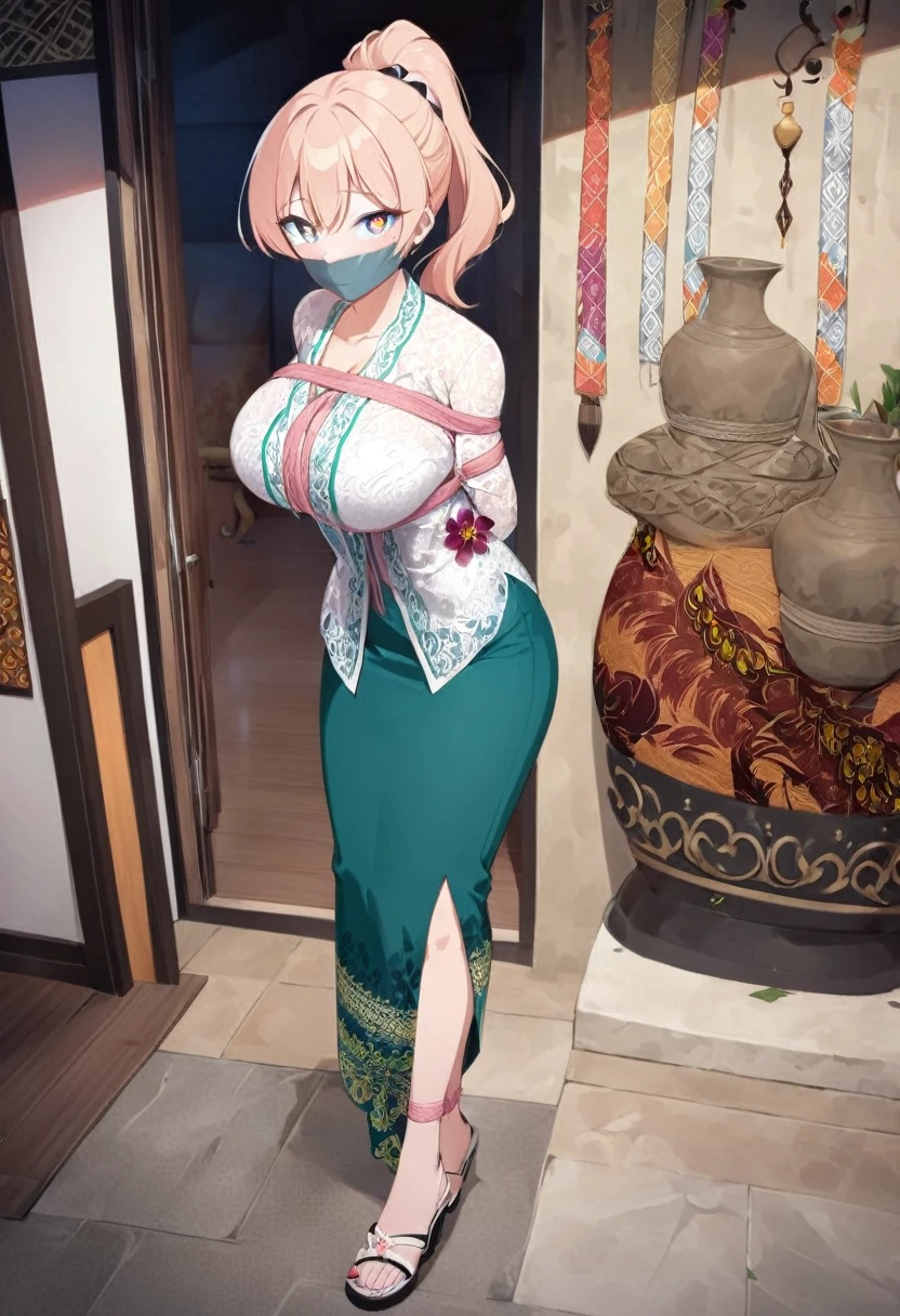 score_9, score_8_up, source_anime, 1girl, solo,The photo features a woman standing in traditional decorations. She is wearing traditional attire consisting of a light white kebaya with lace trim and a long green skirt with batik or songket patterns. The woman is also wearing white high-heeled sandals, and there is a frangipani flower tucked behind her left ear. The surrounding environment has ornate decorations, likely from Bali or Java. , (bound wirsts), (arms behind back), (tapegag, tape gag), dramatic,  (looking at viewer), (detailed pupils:1.3),pencil skirt ,pink rope, thick rope,big breast,ponytail hair, glowing rope,magical rope