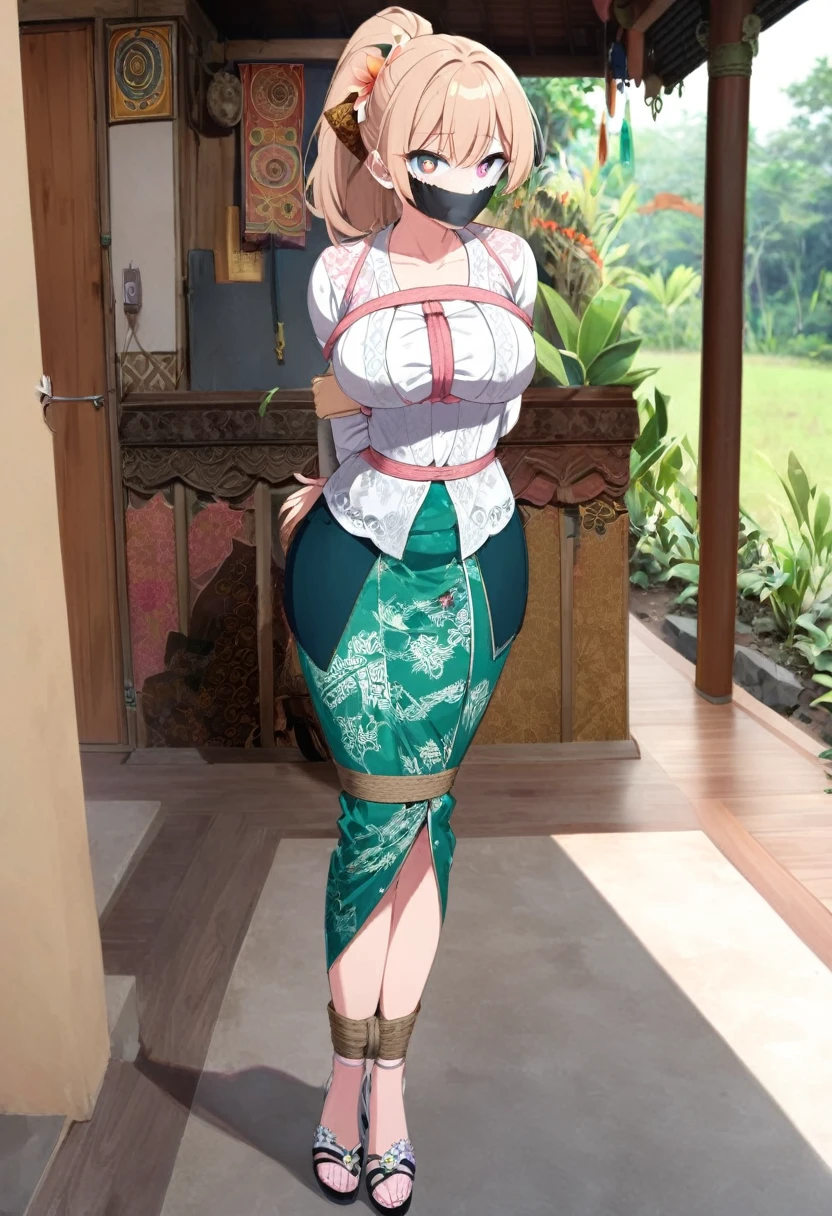 score_9, score_8_up, source_anime, 1girl, solo,The photo features a woman standing in traditional decorations. She is wearing traditional attire consisting of a light white kebaya with lace trim and a long green skirt with batik or songket patterns. The woman is also wearing white high-heeled sandals, and there is a frangipani flower tucked behind her left ear. The surrounding environment has ornate decorations, likely from Bali or Java. , (bound wirsts), (arms behind back), (tapegag, tape gag), dramatic,  (looking at viewer), (detailed pupils:1.3),pencil skirt ,pink rope, thick rope,big breast,ponytail hair, glowing rope,magical rope