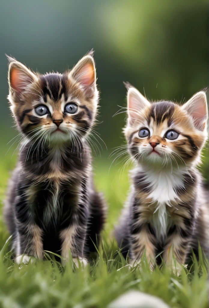 a group of three kittens, on a grassy field, two tabby colored kittens, and one black kitten, detailed fur textures, adorable expressions, photorealistic, 8k, ultra-detailed, realistic lighting, soft focus, natural colors, shallow depth of field