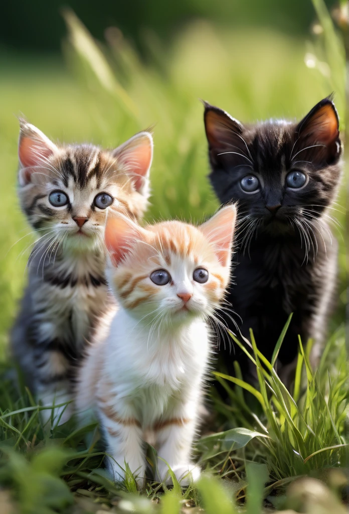 a group of three kittens, on a grassy field, two tabby colored kittens, and one black kitten, detailed fur textures, adorable expressions, photorealistic, 8k, ultra-detailed, realistic lighting, soft focus, natural colors, shallow depth of field
