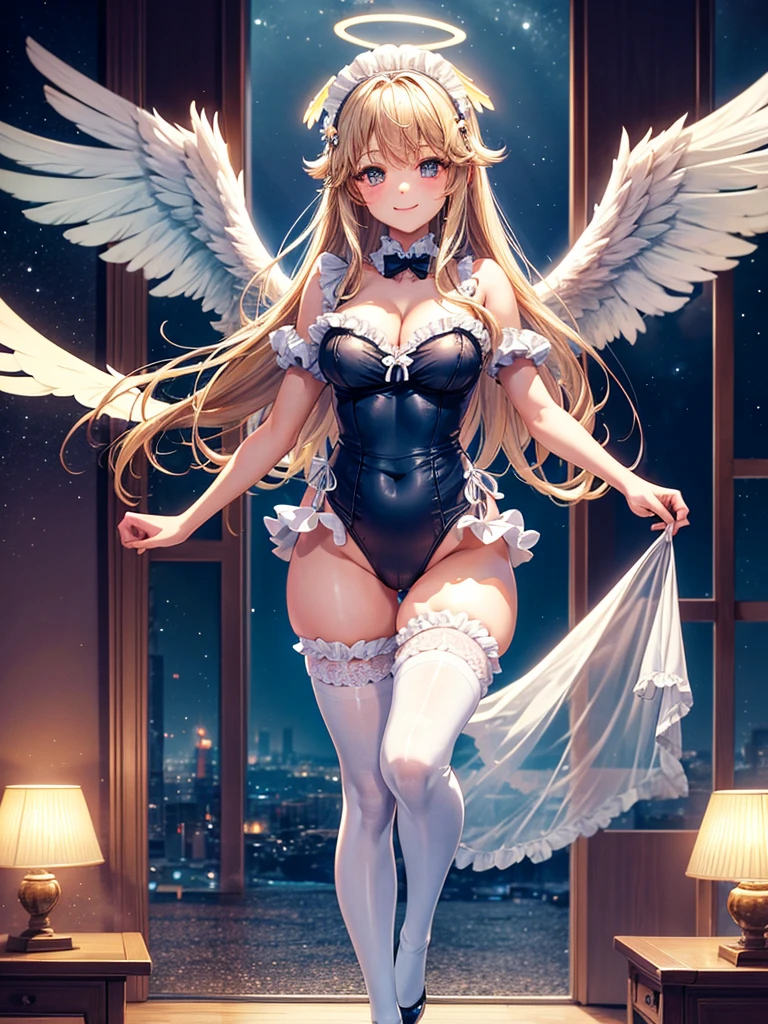 Highest quality,Highest Resolution,Smiling beautiful girl in maid leotard,Big angel wings on his back,Halo,High leg,Frills,Very beautiful eyes,front,whole body,Bedroom,Standing posture,Spread your arms out to the sides,Thigh-high stockings,Night view outside the window,