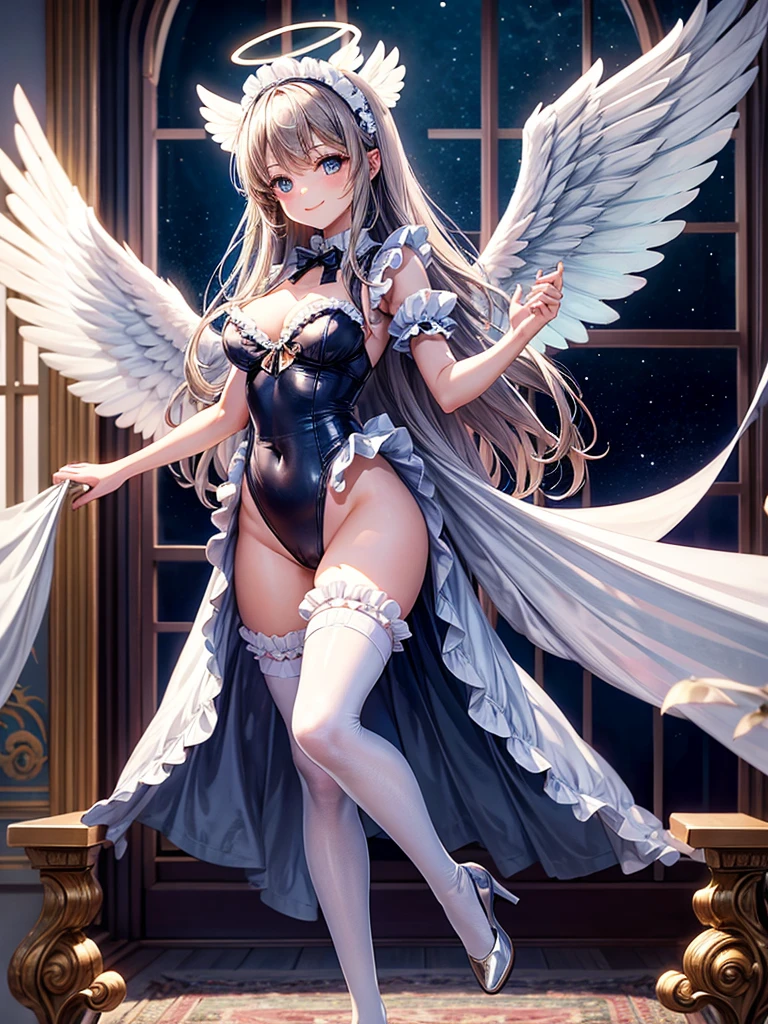 Highest quality,Highest Resolution,Smiling beautiful girl in maid leotard,Big angel wings on his back,Halo,High leg,Frills,Very beautiful eyes,front,whole body,Bedroom,Standing posture,Spread your arms out to the sides,Thigh-high stockings,Night view outside the window,