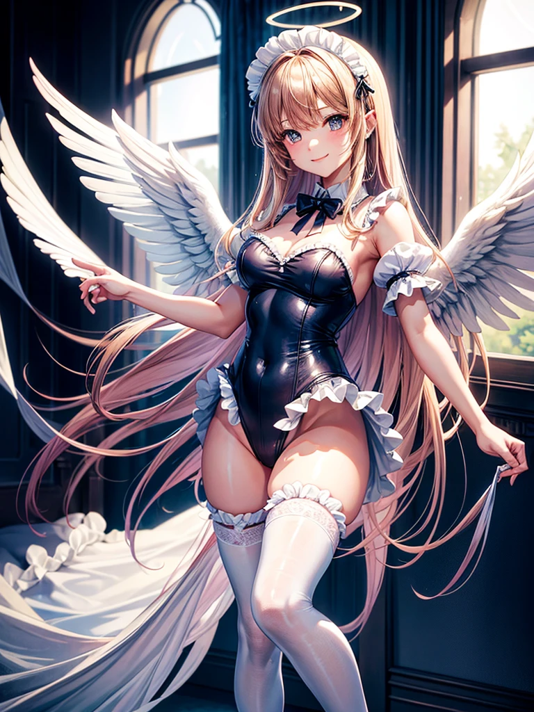 Highest quality,Highest Resolution,Smiling beautiful girl in maid leotard,Big angel wings on his back,Halo,High leg,Frills,Very beautiful eyes,front,whole body,Bedroom,Standing posture,Spread your arms out to the sides,Thigh-high stockings,Night view outside the window,