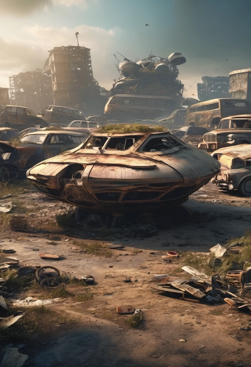 A small old UFO is neatly parked with many cars in the junkyard.，ruined city,Streets were destroyed,The City of Doom,Fragments,wasteland,desolate,profligate,Overgrown,deteriorating,3D Style)