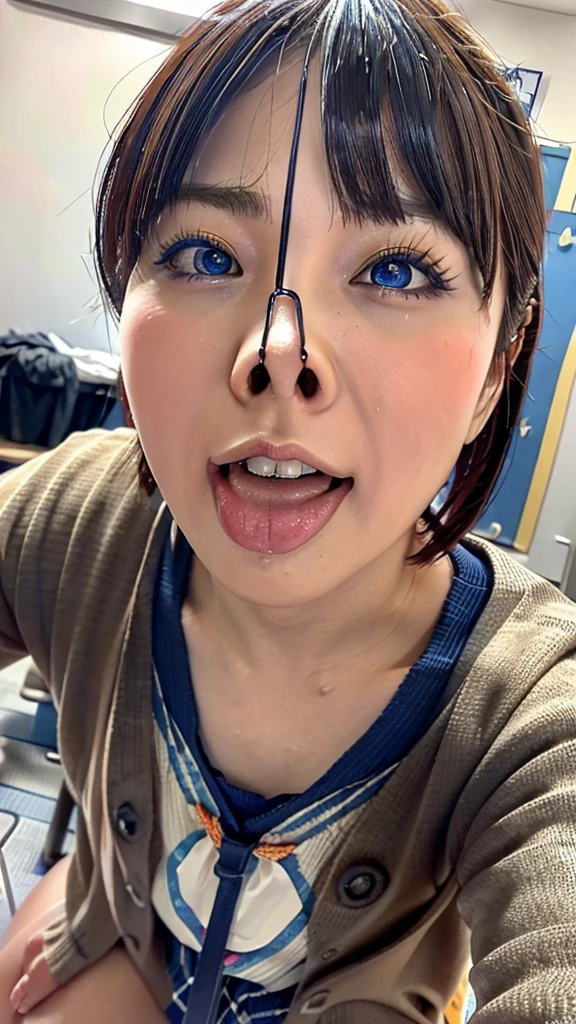 Beautiful Japanese actresses,girl,flying debris,Award-winning photo,Very detailed,Face Focus,Big double eyes,(Woman with open mouth and closed eyes ),18-year-old,(Red Hair,Short Bob,Wolf Cut,Shaggy),Shiny skin,(((Face close-up))),Realistic nostrils,Long and narrow nasal cavity,Shine a light on your nostrils,Spotlight on your nostrils,Spotlight on nose hair,Squat,((Random color open cardigan)),Big Breasts,(Sharp Nose),Frowning,performance:1.4,performance,Frowning,please raise your head,Skin shiny with sweat,Oily facial skin,Squatting and giving a blowjob,female teacher,Squatting in the hallway,Squat,50 degree hot room,Skin shiny with sweat,Wet transparent fabric,Sweaty all over my face,A face enduring intense pain,Screaming face,Open your mouth wide and shout,White teeth,Soft lips,Soft bottom,Wet lips,classroom,Girl sitting on chair,(Colored Contact Lenses,Blue Eyes)