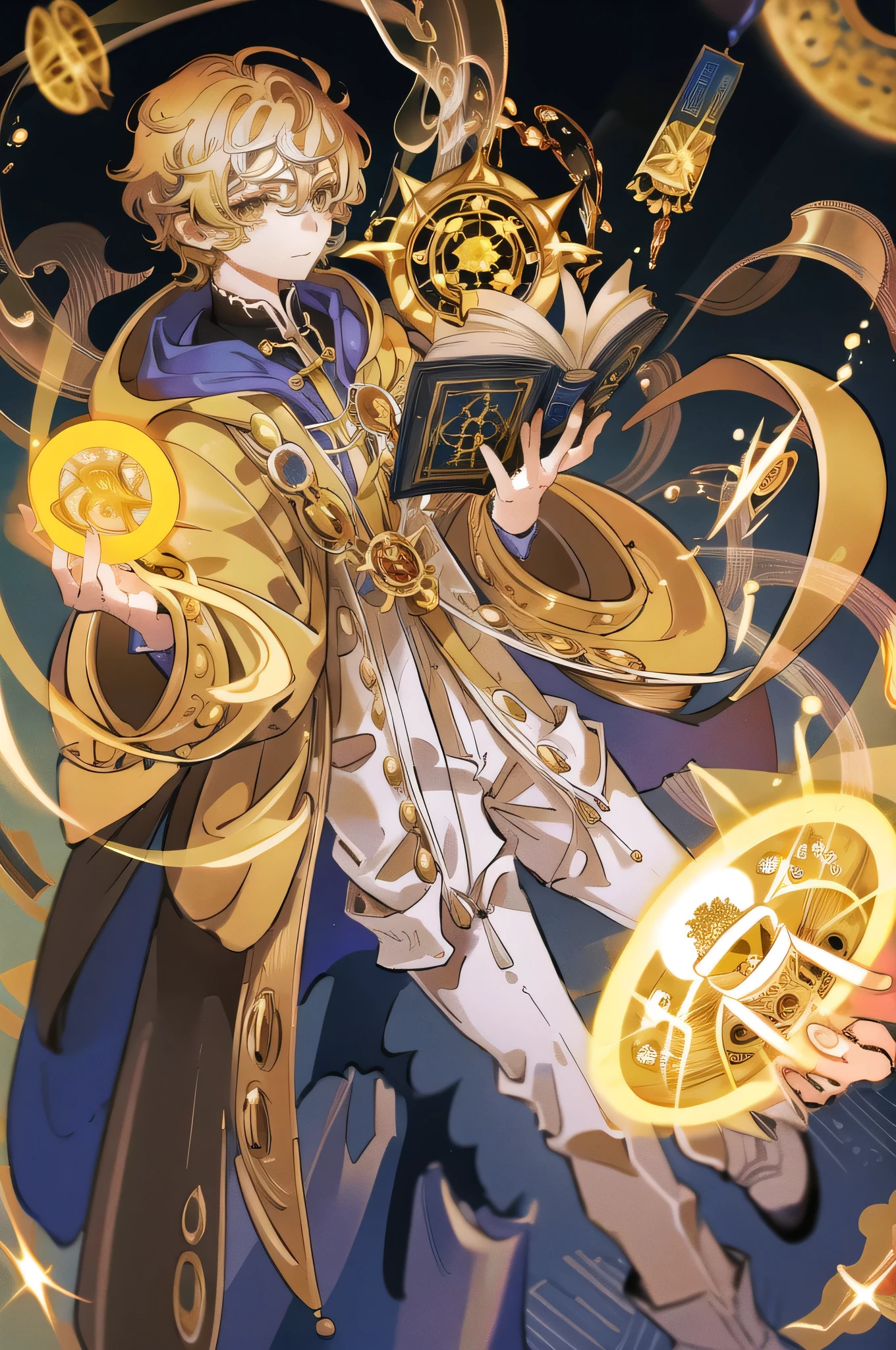  boy, is a time wizard, bright golden robes, the eyes have a symbol of time, and is using a magic book to cast a spell, background is in a very organized library 