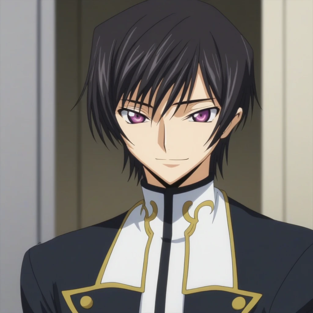 score_9, score_8_up, score_7_up, source_anime, rating_safe, intricate details, anime screencap, , , looking at viewer, depth of field, 1boy, solo, male focus, lelouch_lamperouge, black hair, purple eyes, bangs, smile, cute, black suit costume, chair sit down, castle, room, dusk.