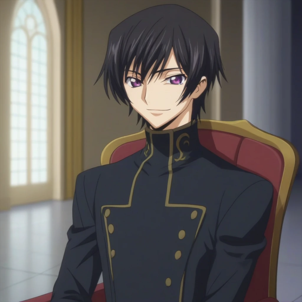 score_9, score_8_up, score_7_up, source_anime, rating_safe, intricate details, anime screencap, , , looking at viewer, depth of field, 1boy, solo, male focus, lelouch_lamperouge, black hair, purple eyes, bangs, smile, cute, black suit costume, chair sit down, castle, room, dusk.